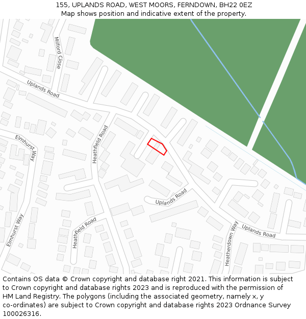 155, UPLANDS ROAD, WEST MOORS, FERNDOWN, BH22 0EZ: Location map and indicative extent of plot