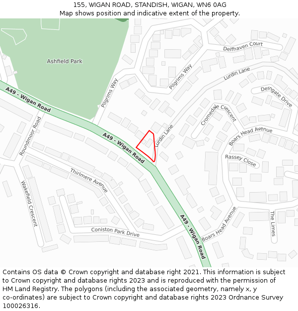 155, WIGAN ROAD, STANDISH, WIGAN, WN6 0AG: Location map and indicative extent of plot