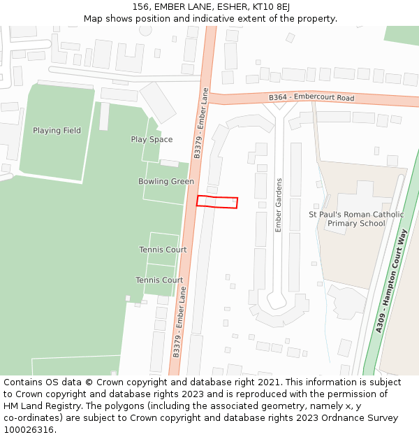 156, EMBER LANE, ESHER, KT10 8EJ: Location map and indicative extent of plot