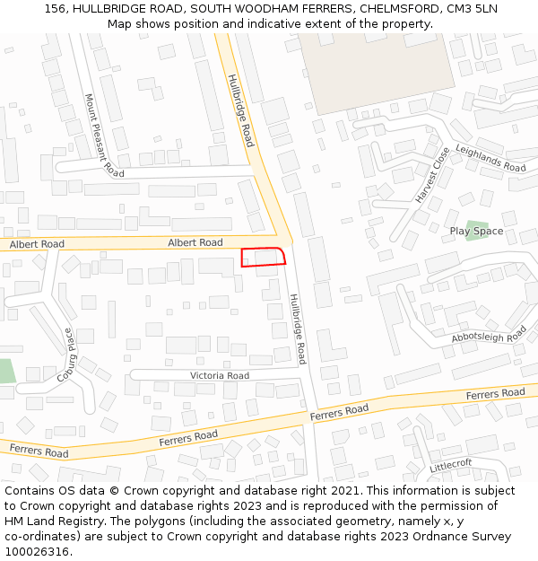 156, HULLBRIDGE ROAD, SOUTH WOODHAM FERRERS, CHELMSFORD, CM3 5LN: Location map and indicative extent of plot