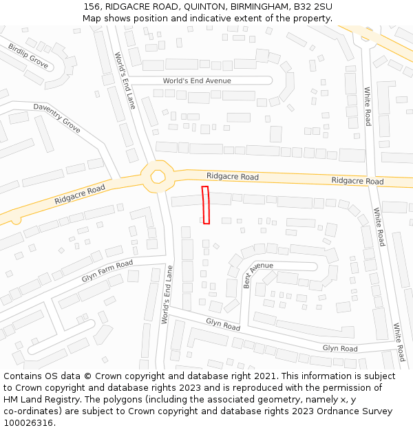 156, RIDGACRE ROAD, QUINTON, BIRMINGHAM, B32 2SU: Location map and indicative extent of plot