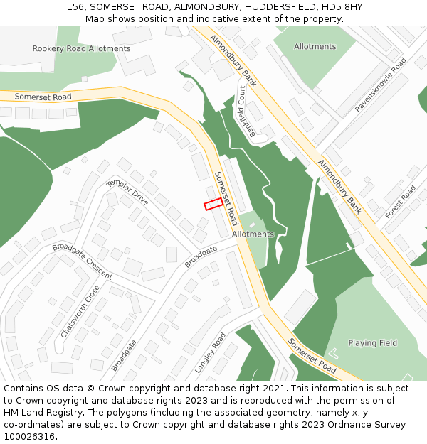 156, SOMERSET ROAD, ALMONDBURY, HUDDERSFIELD, HD5 8HY: Location map and indicative extent of plot