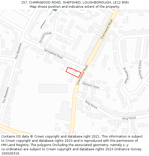 157, CHARNWOOD ROAD, SHEPSHED, LOUGHBOROUGH, LE12 9NN: Location map and indicative extent of plot