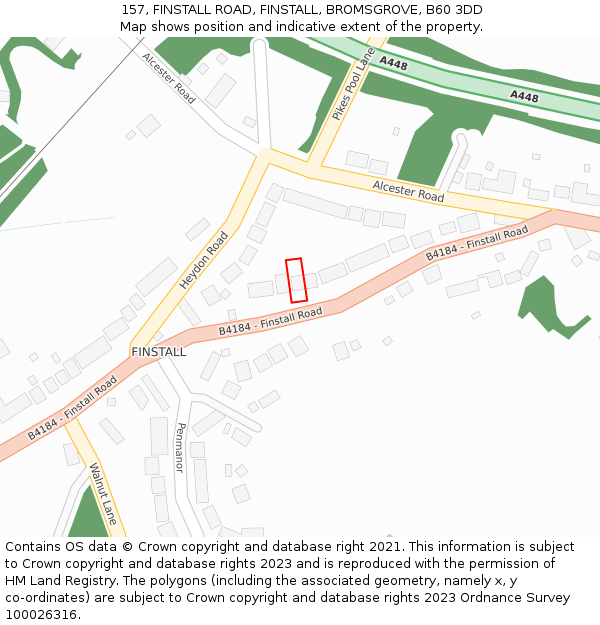 157, FINSTALL ROAD, FINSTALL, BROMSGROVE, B60 3DD: Location map and indicative extent of plot