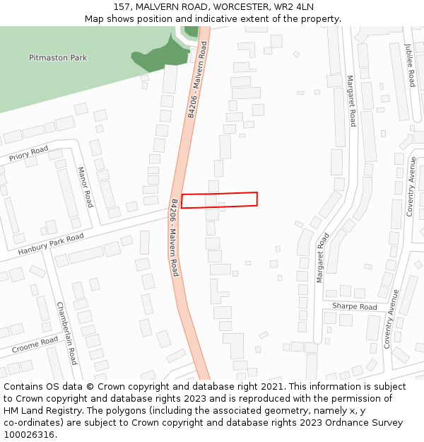 157, MALVERN ROAD, WORCESTER, WR2 4LN: Location map and indicative extent of plot