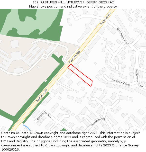 157, PASTURES HILL, LITTLEOVER, DERBY, DE23 4AZ: Location map and indicative extent of plot