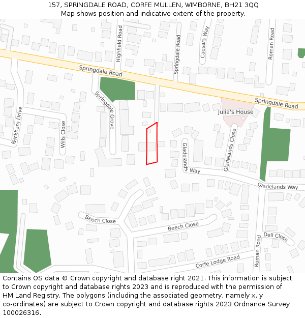 157, SPRINGDALE ROAD, CORFE MULLEN, WIMBORNE, BH21 3QQ: Location map and indicative extent of plot