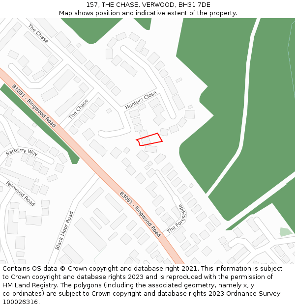 157, THE CHASE, VERWOOD, BH31 7DE: Location map and indicative extent of plot