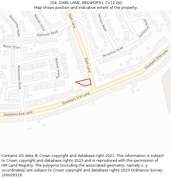 158, DARK LANE, BEDWORTH, CV12 0JG: Location map and indicative extent of plot