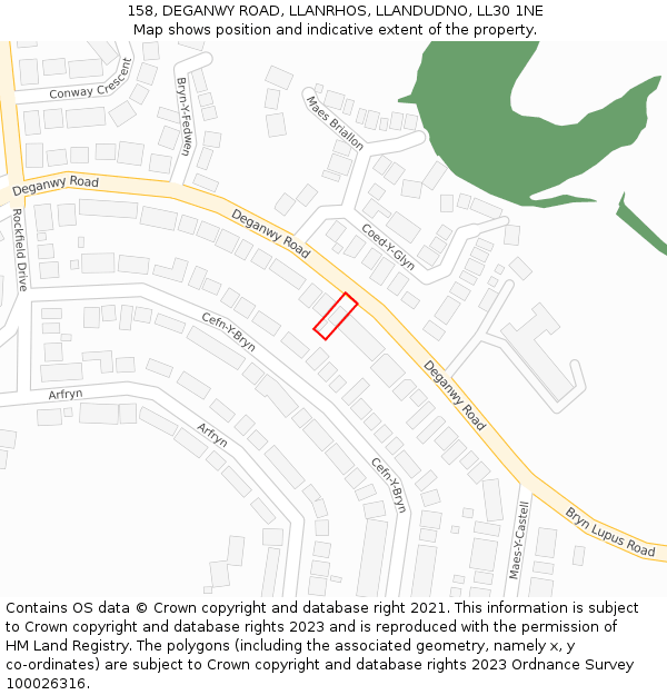 158, DEGANWY ROAD, LLANRHOS, LLANDUDNO, LL30 1NE: Location map and indicative extent of plot