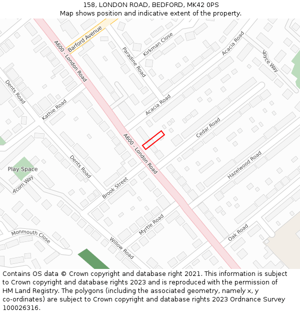 158, LONDON ROAD, BEDFORD, MK42 0PS: Location map and indicative extent of plot