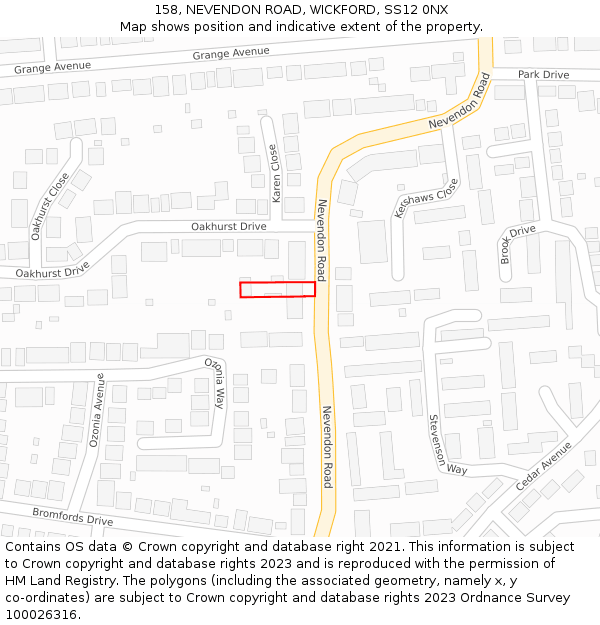 158, NEVENDON ROAD, WICKFORD, SS12 0NX: Location map and indicative extent of plot