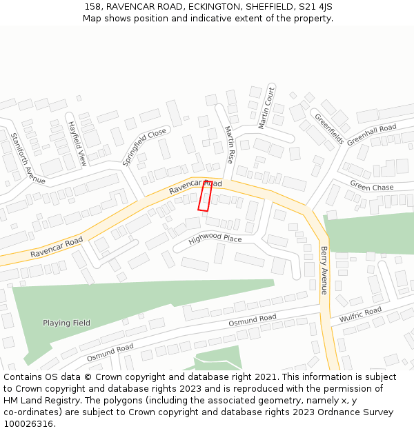 158, RAVENCAR ROAD, ECKINGTON, SHEFFIELD, S21 4JS: Location map and indicative extent of plot