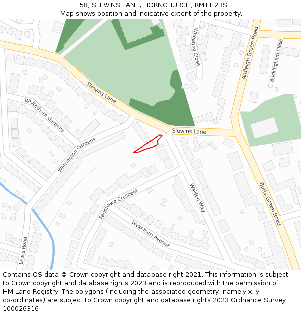 158, SLEWINS LANE, HORNCHURCH, RM11 2BS: Location map and indicative extent of plot