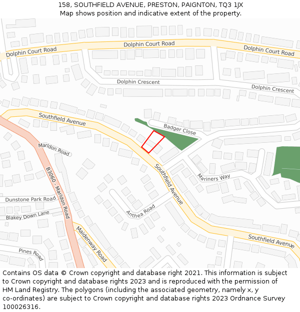 158, SOUTHFIELD AVENUE, PRESTON, PAIGNTON, TQ3 1JX: Location map and indicative extent of plot