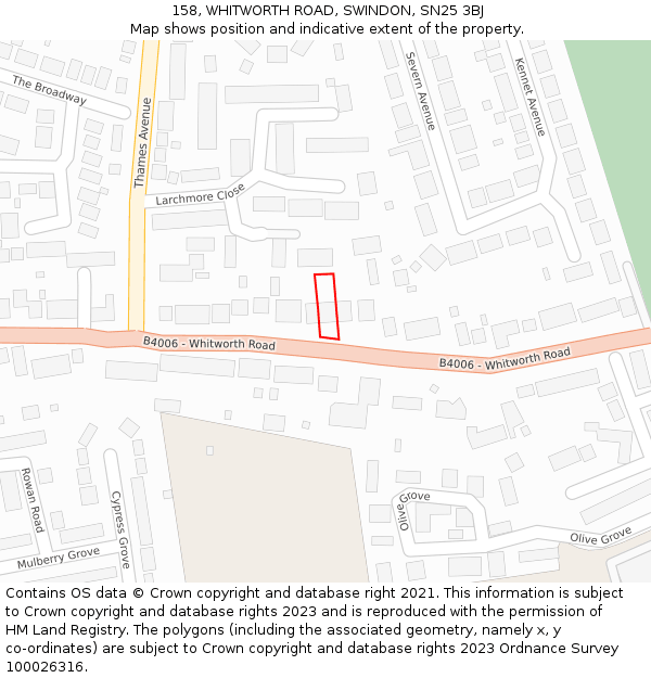 158, WHITWORTH ROAD, SWINDON, SN25 3BJ: Location map and indicative extent of plot