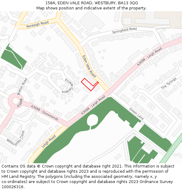 158A, EDEN VALE ROAD, WESTBURY, BA13 3QG: Location map and indicative extent of plot