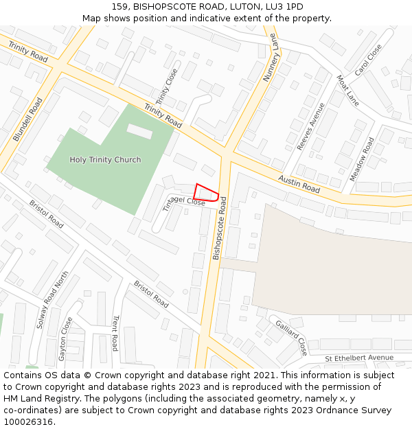 159, BISHOPSCOTE ROAD, LUTON, LU3 1PD: Location map and indicative extent of plot