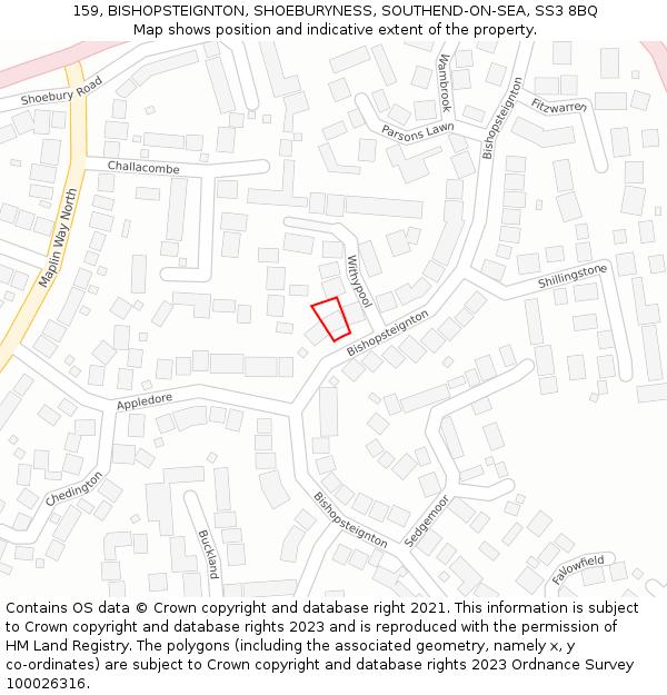 159, BISHOPSTEIGNTON, SHOEBURYNESS, SOUTHEND-ON-SEA, SS3 8BQ: Location map and indicative extent of plot