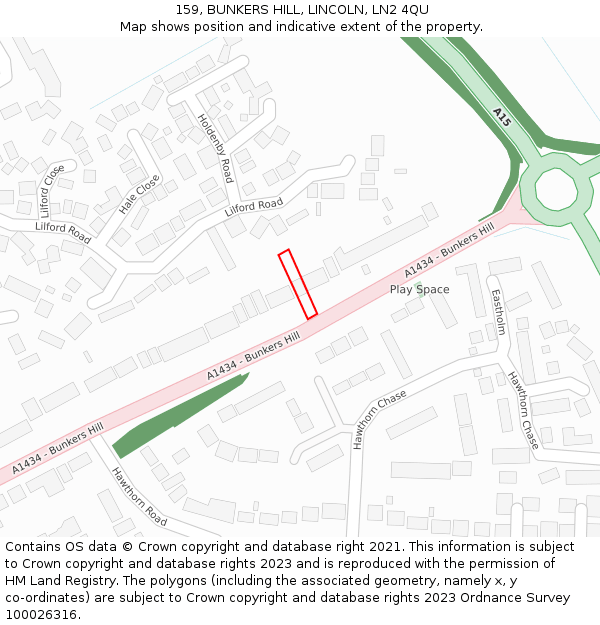 159, BUNKERS HILL, LINCOLN, LN2 4QU: Location map and indicative extent of plot