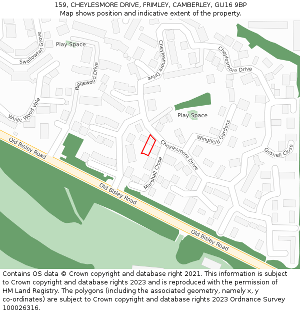 159, CHEYLESMORE DRIVE, FRIMLEY, CAMBERLEY, GU16 9BP: Location map and indicative extent of plot