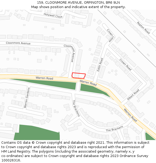 159, CLOONMORE AVENUE, ORPINGTON, BR6 9LN: Location map and indicative extent of plot