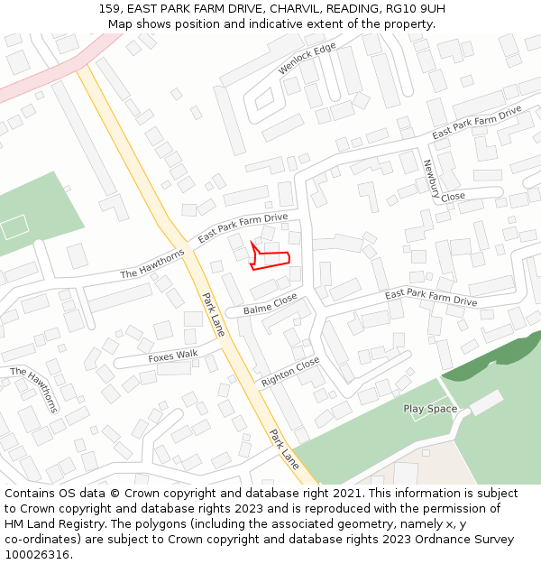 159, EAST PARK FARM DRIVE, CHARVIL, READING, RG10 9UH: Location map and indicative extent of plot