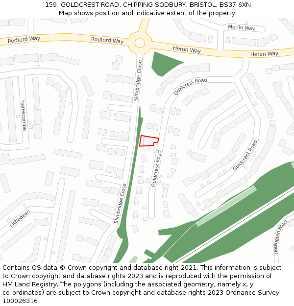 159, GOLDCREST ROAD, CHIPPING SODBURY, BRISTOL, BS37 6XN: Location map and indicative extent of plot