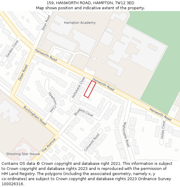 159, HANWORTH ROAD, HAMPTON, TW12 3ED: Location map and indicative extent of plot