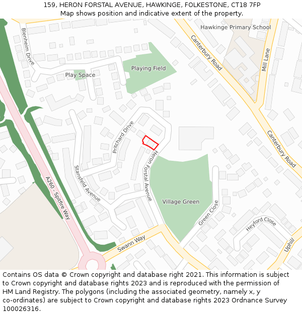 159, HERON FORSTAL AVENUE, HAWKINGE, FOLKESTONE, CT18 7FP: Location map and indicative extent of plot