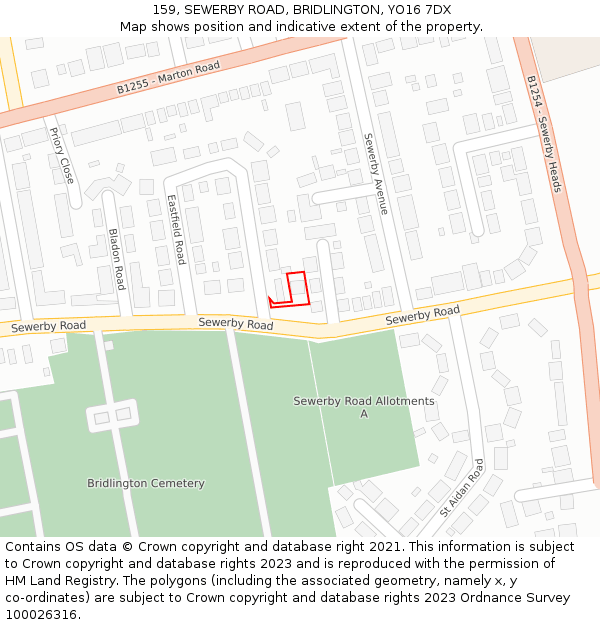 159, SEWERBY ROAD, BRIDLINGTON, YO16 7DX: Location map and indicative extent of plot