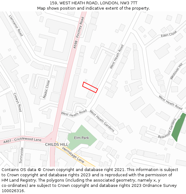 159, WEST HEATH ROAD, LONDON, NW3 7TT: Location map and indicative extent of plot