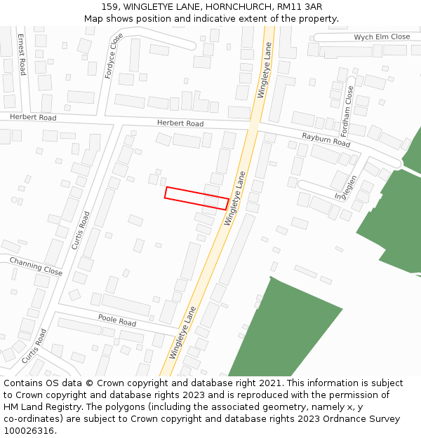 159, WINGLETYE LANE, HORNCHURCH, RM11 3AR: Location map and indicative extent of plot