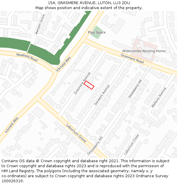 15A, GRASMERE AVENUE, LUTON, LU3 2DU: Location map and indicative extent of plot