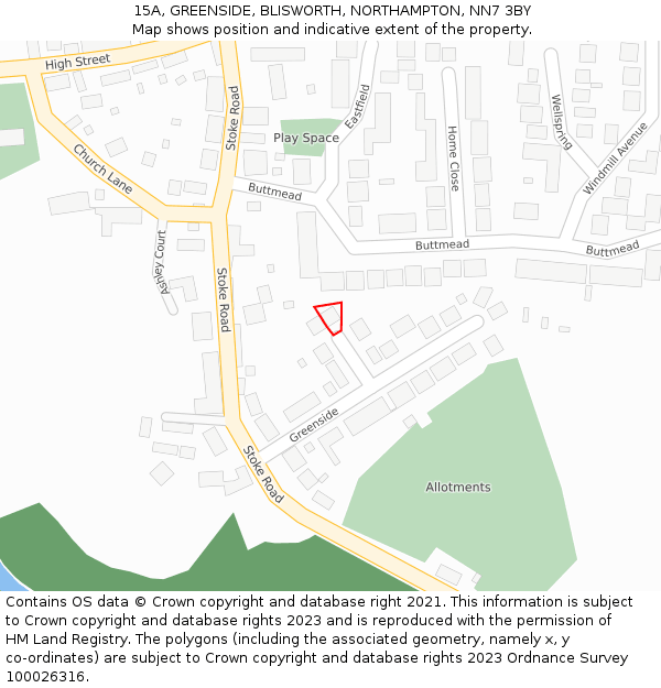 15A, GREENSIDE, BLISWORTH, NORTHAMPTON, NN7 3BY: Location map and indicative extent of plot