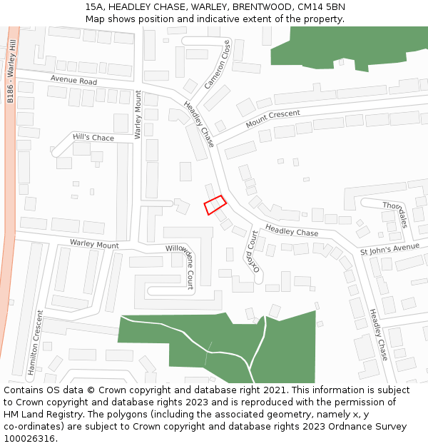 15A, HEADLEY CHASE, WARLEY, BRENTWOOD, CM14 5BN: Location map and indicative extent of plot