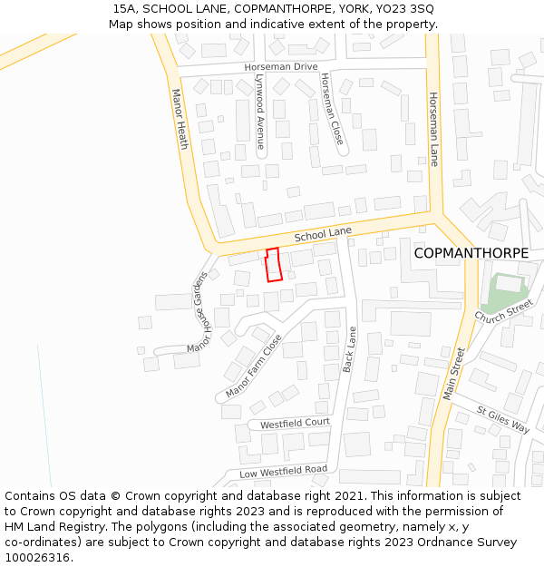 15A, SCHOOL LANE, COPMANTHORPE, YORK, YO23 3SQ: Location map and indicative extent of plot