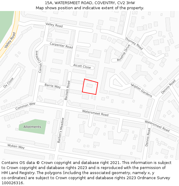 15A, WATERSMEET ROAD, COVENTRY, CV2 3HW: Location map and indicative extent of plot