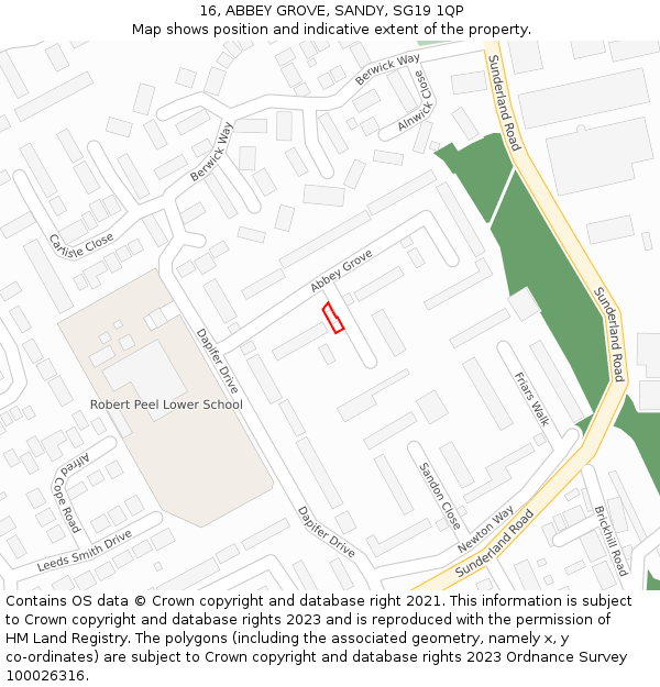 16, ABBEY GROVE, SANDY, SG19 1QP: Location map and indicative extent of plot