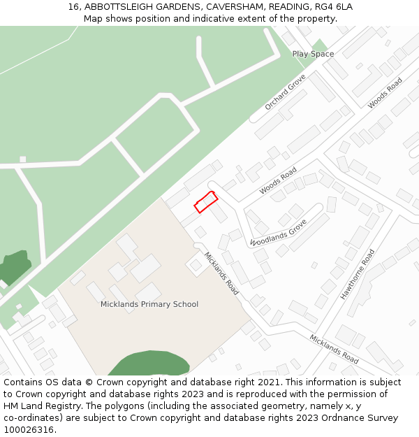 16, ABBOTTSLEIGH GARDENS, CAVERSHAM, READING, RG4 6LA: Location map and indicative extent of plot