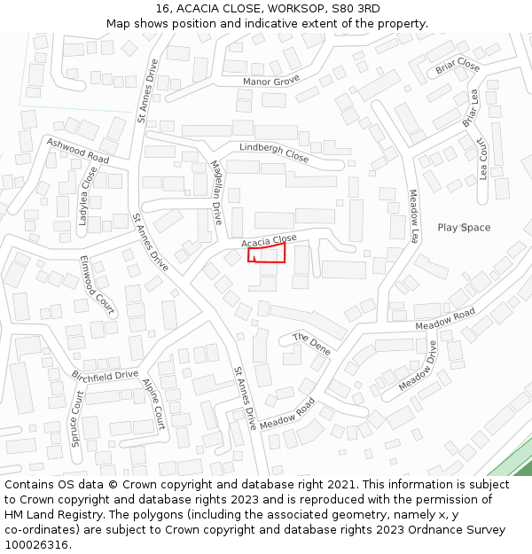 16, ACACIA CLOSE, WORKSOP, S80 3RD: Location map and indicative extent of plot