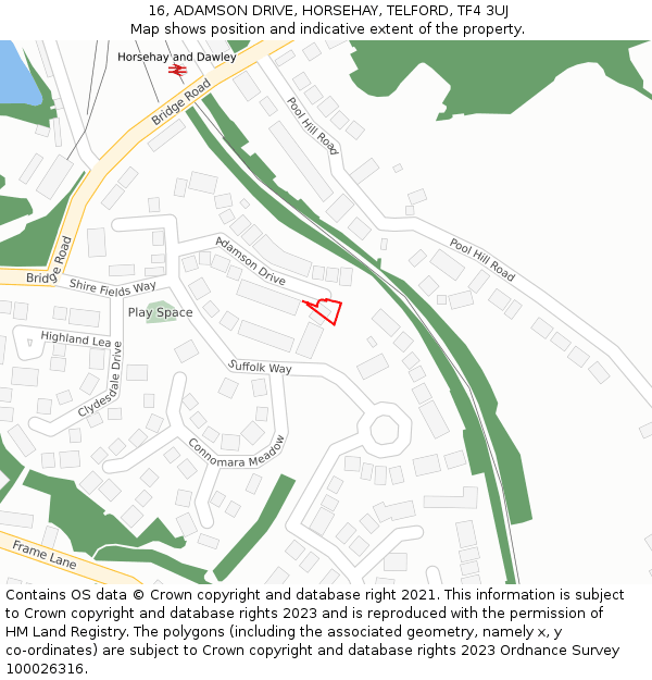 16, ADAMSON DRIVE, HORSEHAY, TELFORD, TF4 3UJ: Location map and indicative extent of plot