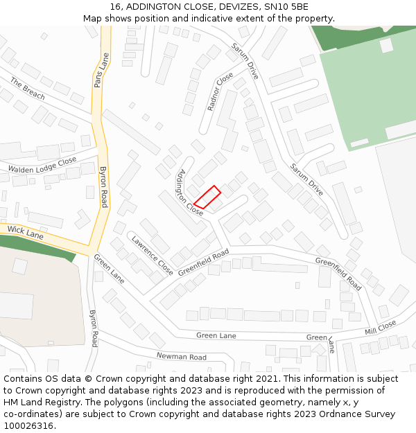 16, ADDINGTON CLOSE, DEVIZES, SN10 5BE: Location map and indicative extent of plot