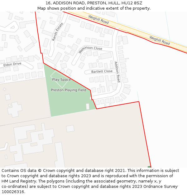 16, ADDISON ROAD, PRESTON, HULL, HU12 8SZ: Location map and indicative extent of plot