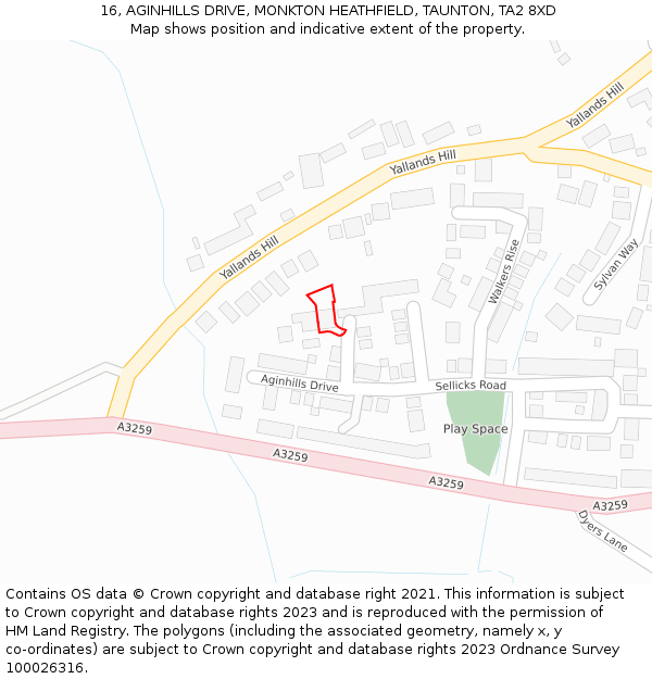 16, AGINHILLS DRIVE, MONKTON HEATHFIELD, TAUNTON, TA2 8XD: Location map and indicative extent of plot