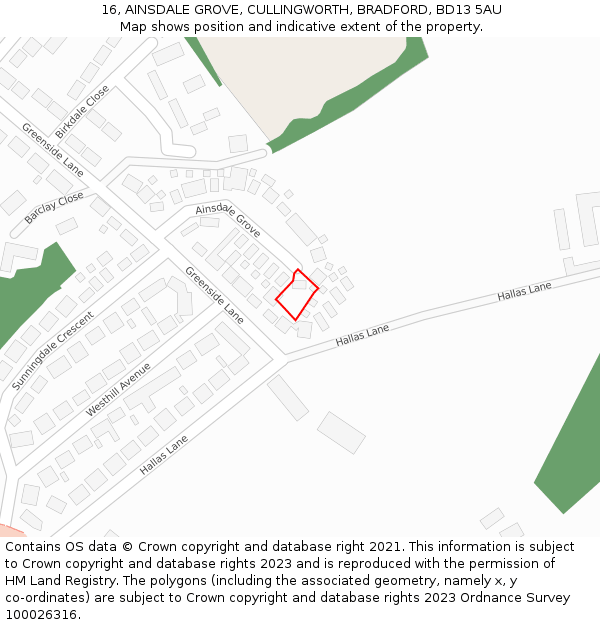 16, AINSDALE GROVE, CULLINGWORTH, BRADFORD, BD13 5AU: Location map and indicative extent of plot