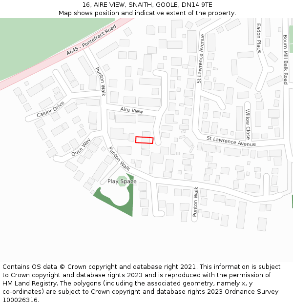 16, AIRE VIEW, SNAITH, GOOLE, DN14 9TE: Location map and indicative extent of plot