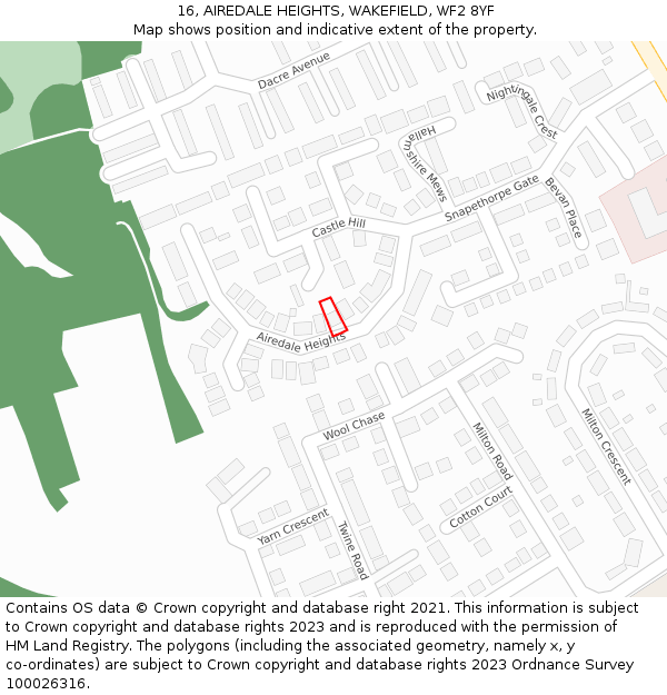 16, AIREDALE HEIGHTS, WAKEFIELD, WF2 8YF: Location map and indicative extent of plot