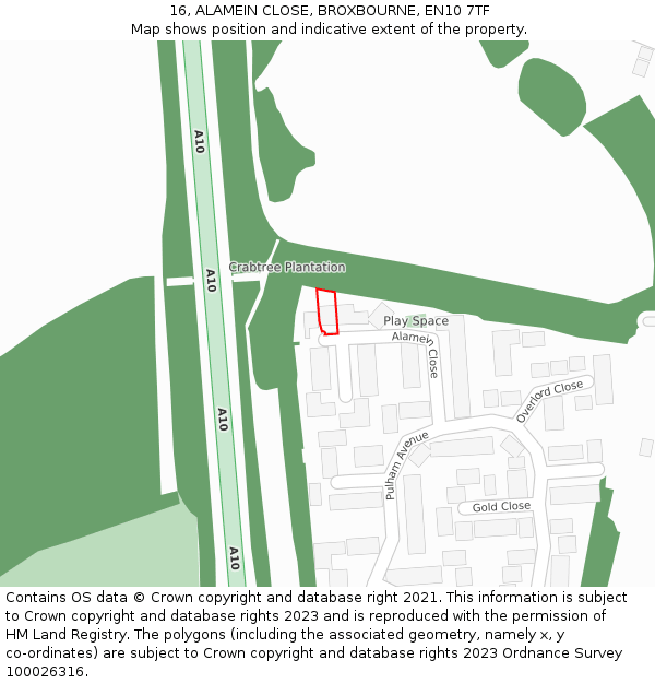 16, ALAMEIN CLOSE, BROXBOURNE, EN10 7TF: Location map and indicative extent of plot