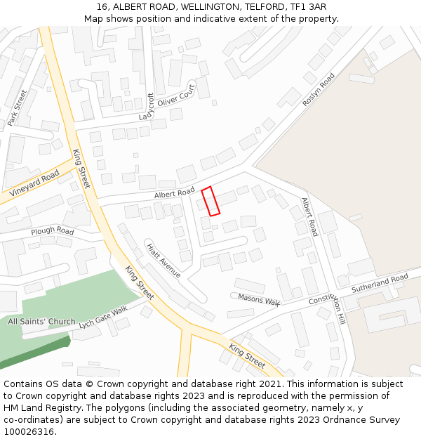16, ALBERT ROAD, WELLINGTON, TELFORD, TF1 3AR: Location map and indicative extent of plot